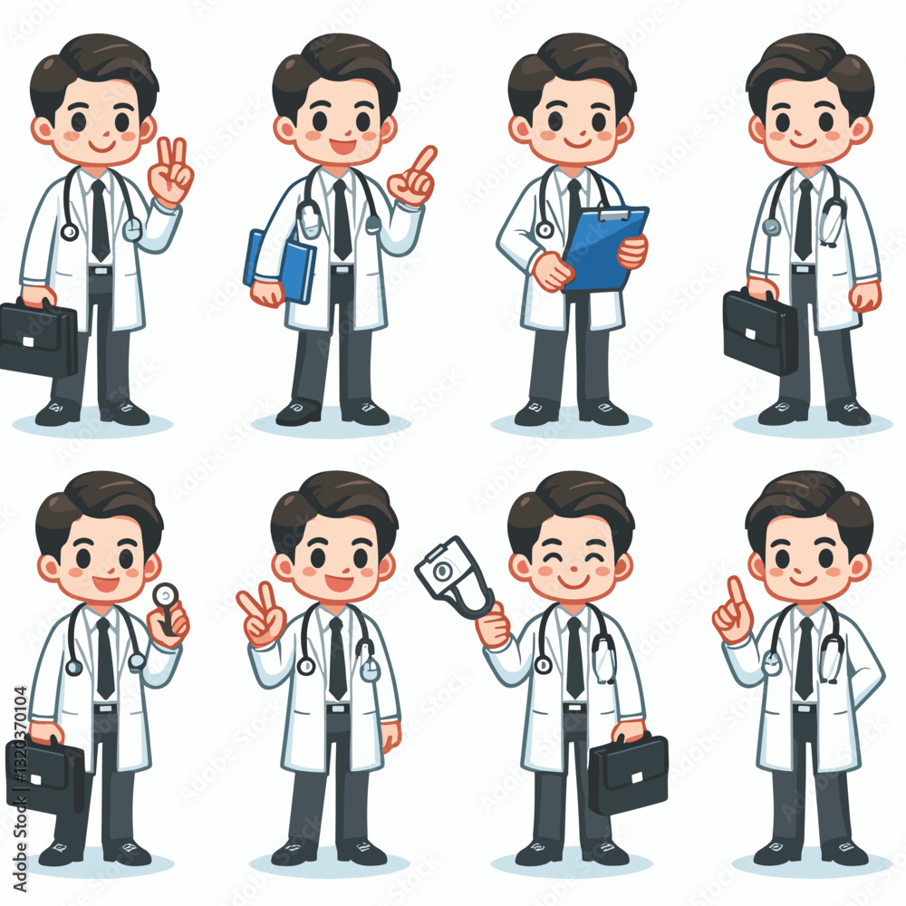 Collection of Illustrated Cartoon Doctors in Various Poses and Holding Tools Collection of Illustrated Cartoon Doctors in Various Poses and Holding Tools