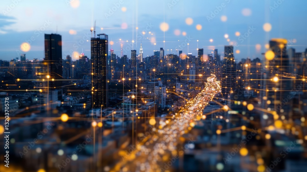 Obraz premium a city skyline at night with digital network connections overlay.