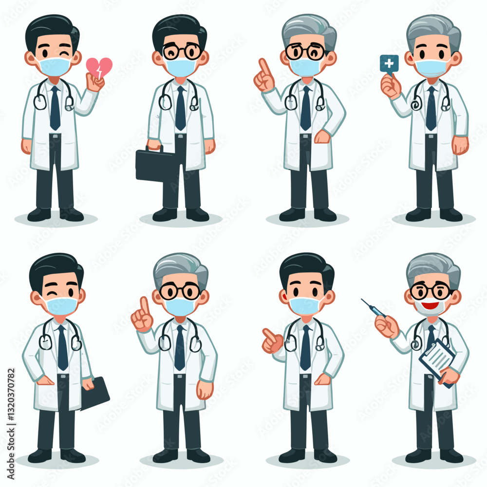 Diverse cartoon doctors in masks offering healthcare services illustration Diverse cartoon doctors in masks offering healthcare services illustration
