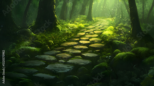 pathway covered in moss, leading deeper into a mystical green forest  photo