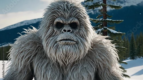 Yeti walks through the woods. Bigfoot 