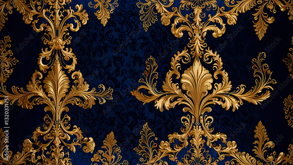 Rich Blue Fabric with Gold Filigree
