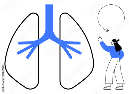 Woman pointing to simplified lungs and bronchial structure representation, discussing respiratory health. Ideal for education, healthcare, science, anatomy, presentation, awareness, flat simple