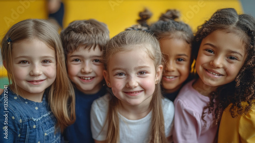 A joyful group of five children, smiling and posing together in a vibrant playroom with colorful backgrounds, showcasing friendship and happiness