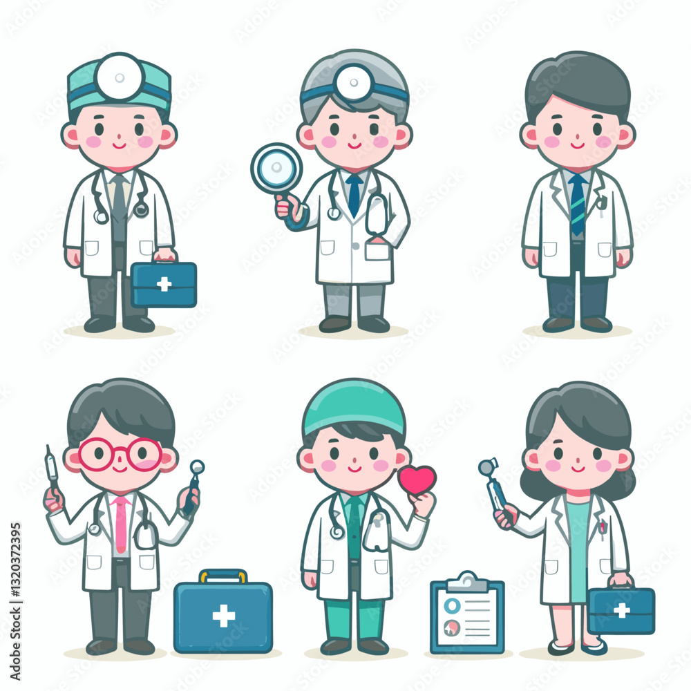 Diverse Collection of Cartoon Doctors and Medical Professionals Posing with Tools Diverse Collection of Cartoon Doctors and Medical Professionals Posing with Tools