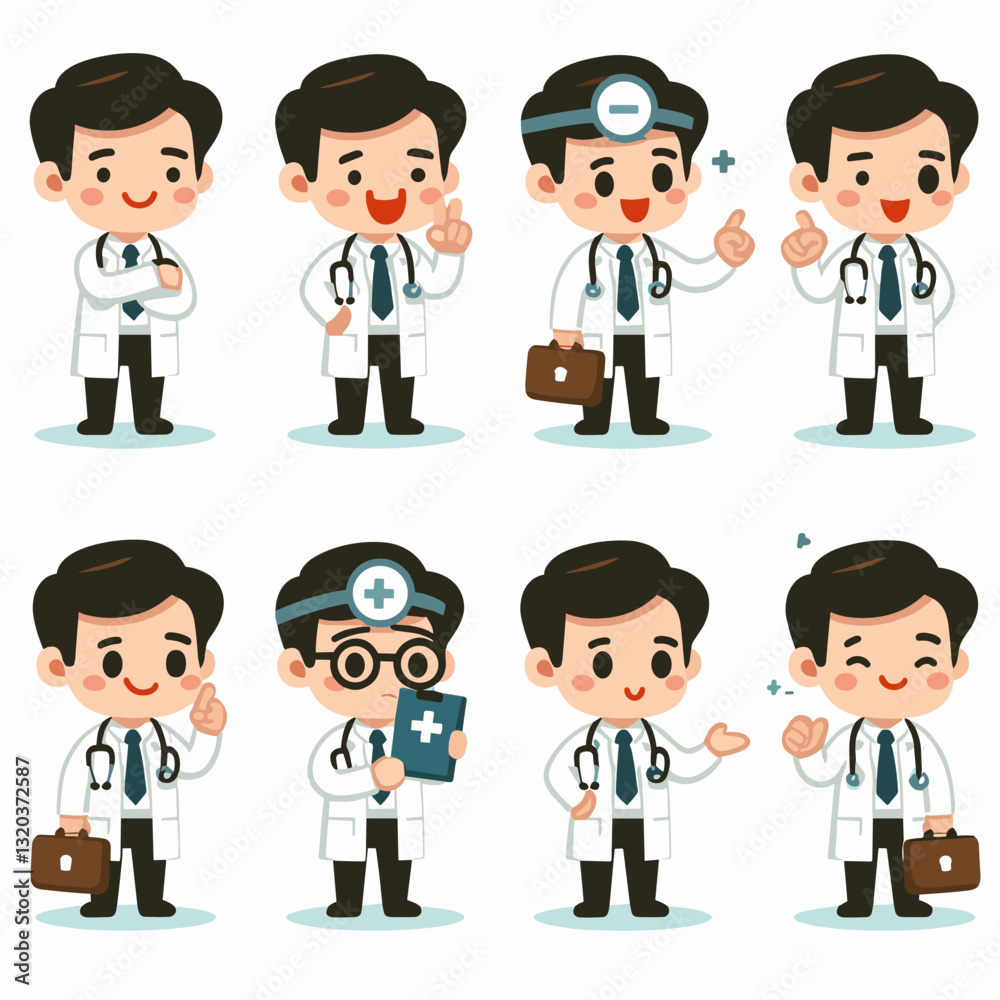 Collection of Cheerful Cartoon Doctor Characters in Various Poses on White Collection of Cheerful Cartoon Doctor Characters in Various Poses on White