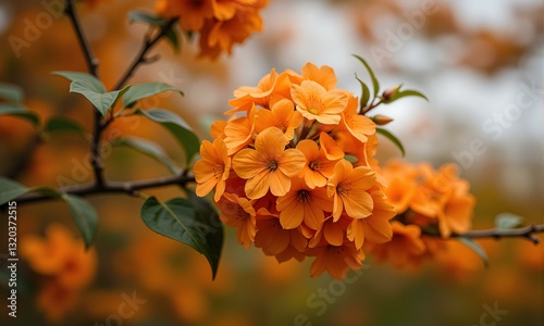 Orange flowers on tree branch. photo