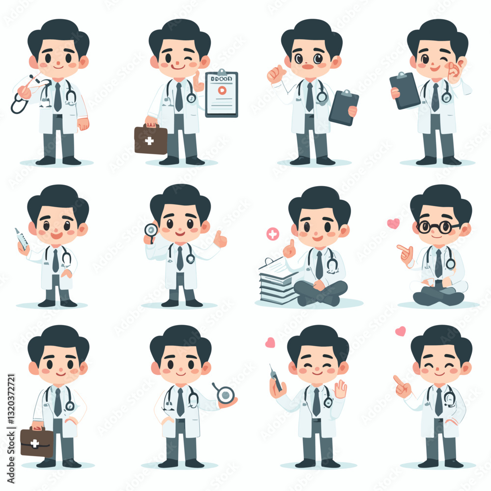 Cartoon Doctor Character Set with Various Poses and Medical Tools, Cheerful Cartoon Doctor Character Set with Various Poses and Medical Tools, Cheerful