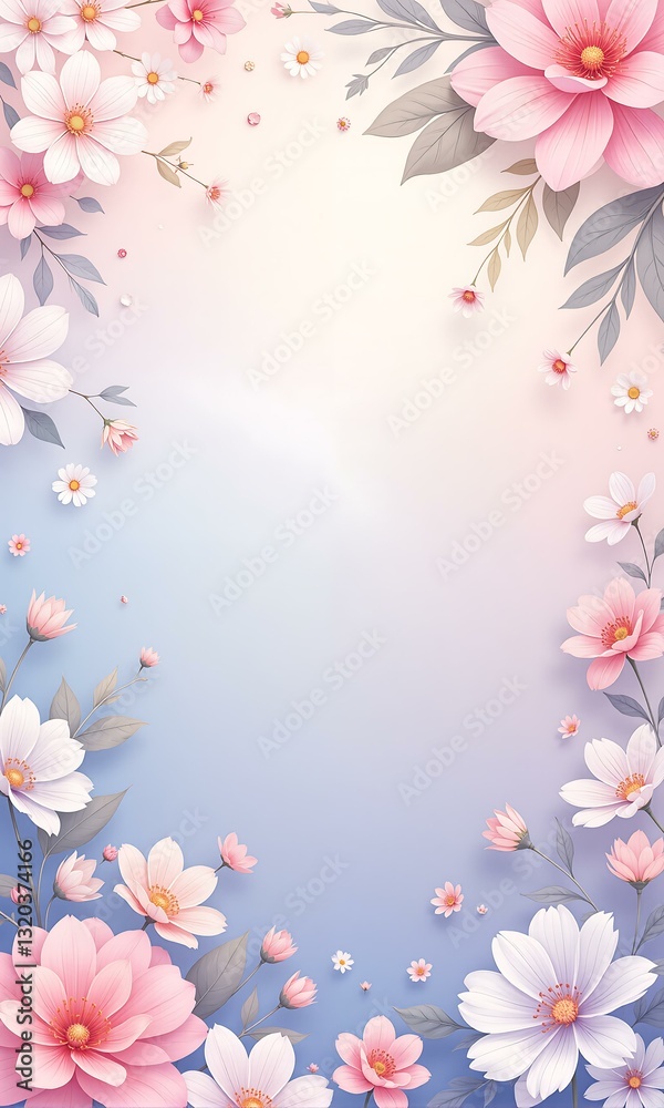 Pink and white flowers on blue background.