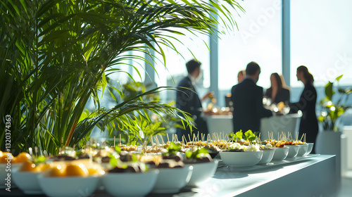 Business Gathering Buffet: A sophisticated business event unfolds, featuring a lavish buffet of gourmet snacks and a group of professionals networking against a backdrop of a bright day