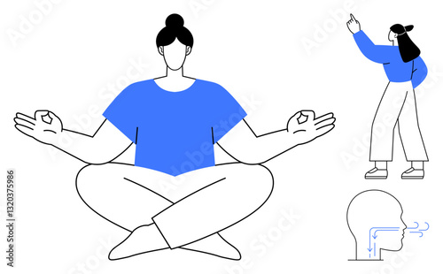 Woman meditating with crossed legs and open palms, another pointing upward, and a diagram of breathing paths. Ideal for mindfulness, meditation, yoga, calmness, mental clarity, inner peace health