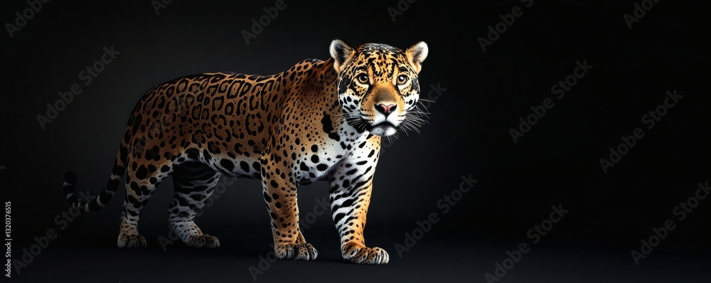 Naklejka premium A large predatory spotted cat standing against a black background
