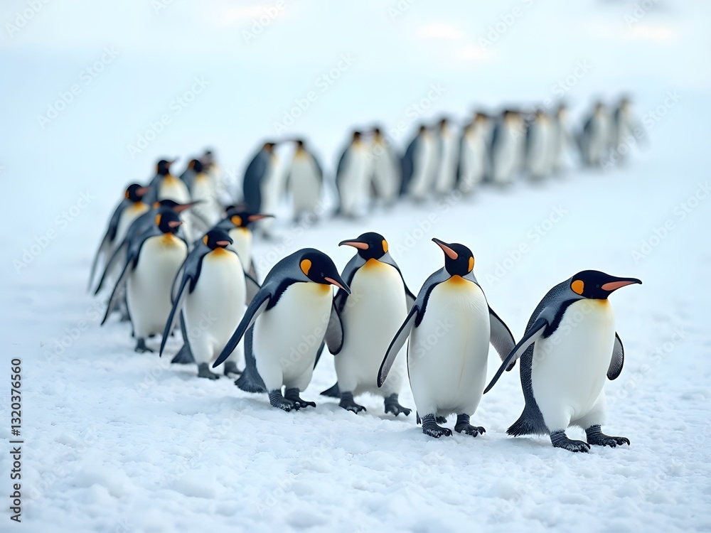 Fototapeta premium Adélie Penguins Marching Together on Ice: A group of Adélie penguins waddling in unison across the icy terrain, their synchronized steps creating a sense of teamwork and unity.