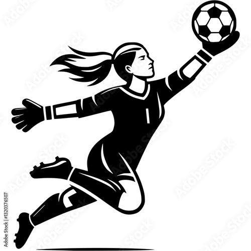 Sport emblem of female soccer goalkeeper catches ball in jump after an opponent shot at goal in monochrome. Engraving minimalistic vector in black ink drawing on transparent background