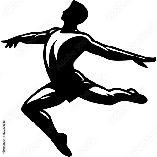 Sport emblem of gymnast man flying in a jump in monochrome. Engraving minimalistic vector in black ink drawing on transparent background