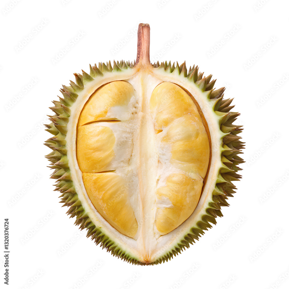 Fototapeta premium Peeled durian fruit with yellow flesh on transparency background
