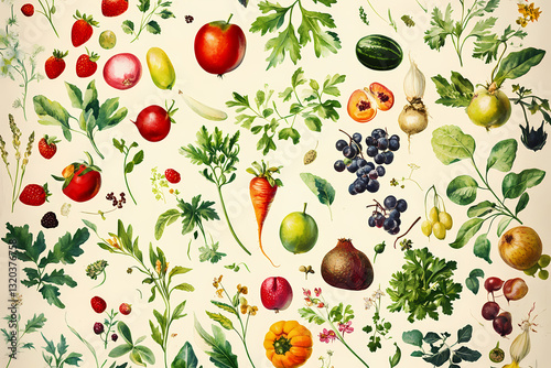 Botanical Bounty: A vibrant illustration showcasing a rich assortment of fruits, vegetables, and herbs, bursting with colors, textures, and forms.