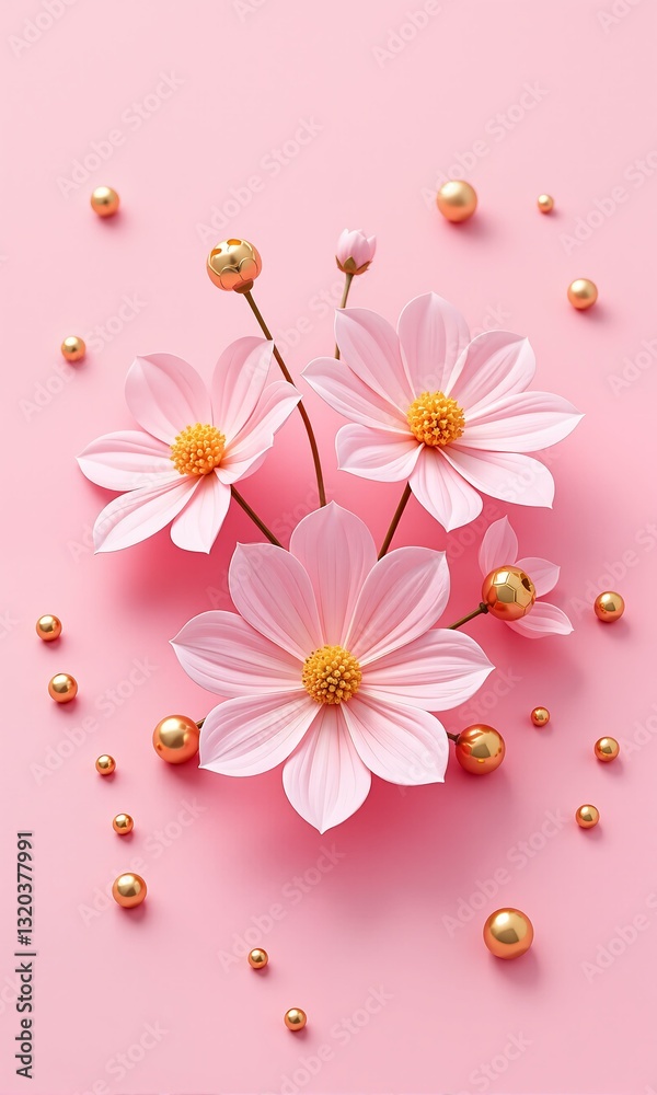 Obraz premium Pink flowers with gold spheres on pink background.