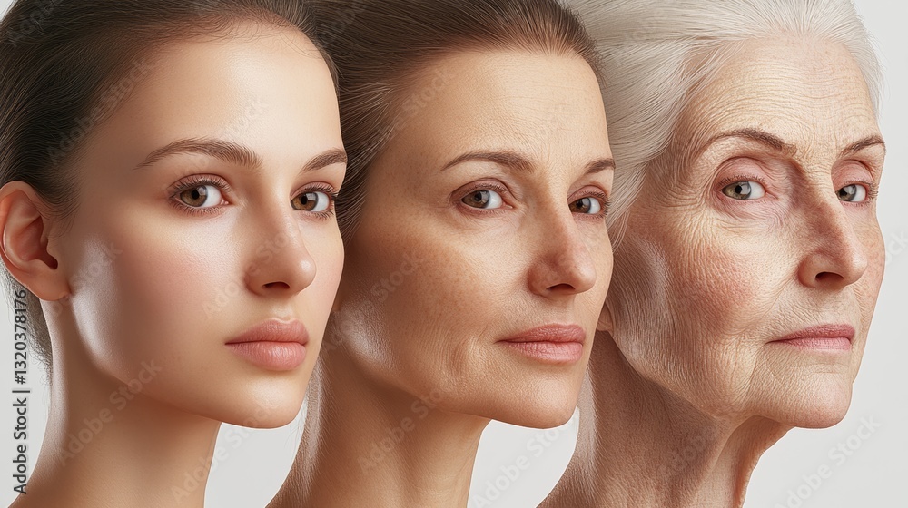 A striking image depicting the progression of aging through three distinct female faces, showcasing youth, maturity, and elderly features. A striking image depicting the progression of aging through three distinct female faces, showcasing youth, maturity, and elderly features.