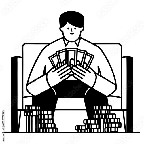 a man counting his money, lots of money, vector art,