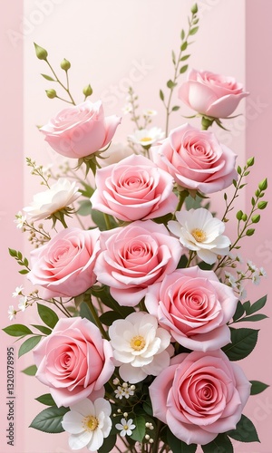 Pink roses and white flowers in vase.