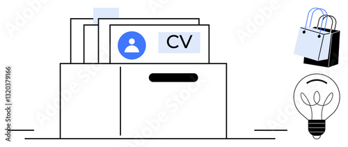 Filing cabinet with CV highlights job applications. Adjacent shopping bags signify consumer behavior. Lightbulb symbolizes creativity and innovation. Ideal for business, recruitment, shopping, HR