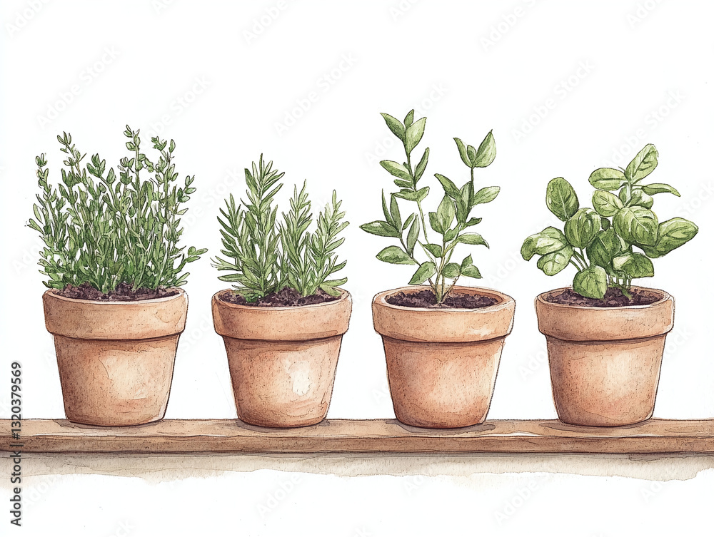 Four Herbs in Terracotta Pots on a Shelf Four Herbs in Terracotta Pots on a Shelf