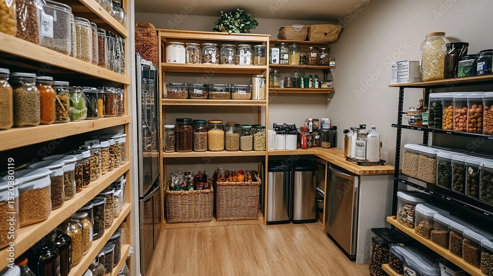 Well organized pantry with jars and containers full of diverse dry goods Well organized pantry with jars and containers full of diverse dry goods