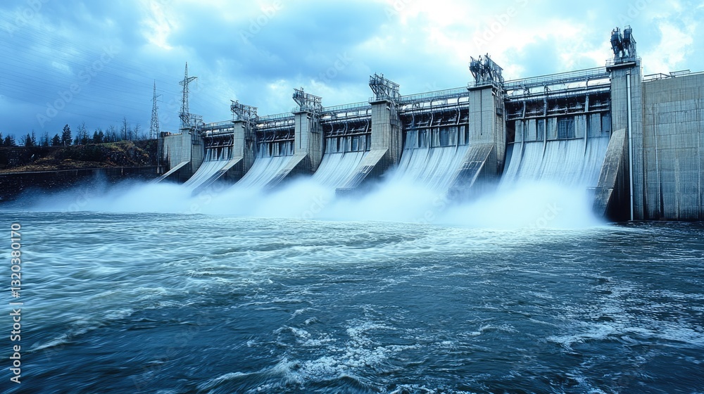 A large hydroelectric dam generating power with rushing water below. A large hydroelectric dam generating power with rushing water below.