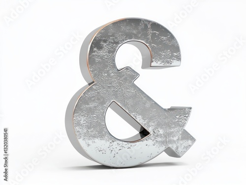 Hyper-realistic metallic ampersand symbol in minimalistic style with soft lighting on clean white background