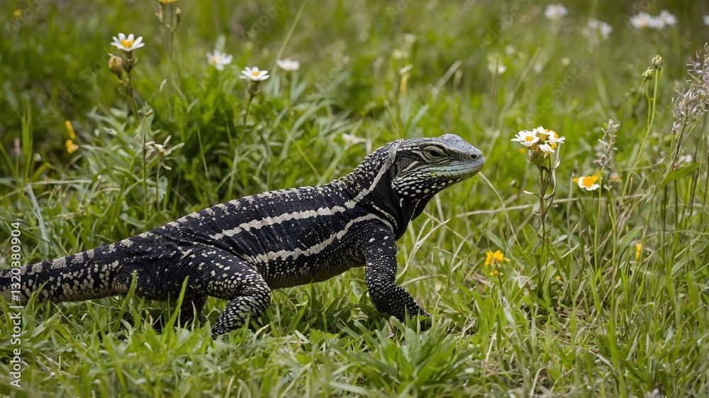 Obraz premium Silent Encounters: Two Tegus in a Grassy Clearing, Surrounded by Nature