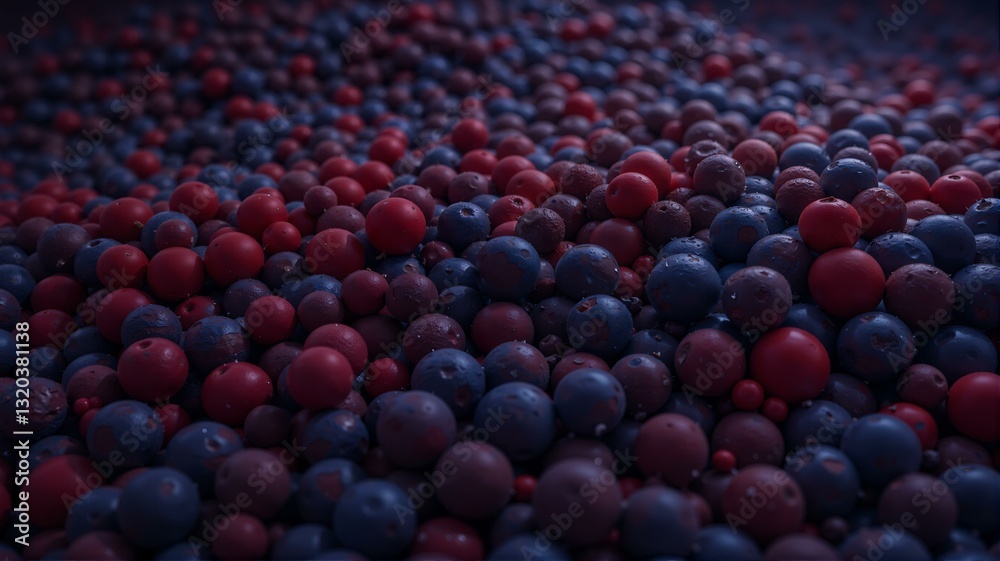 Fototapeta premium Red and blue berries fill screen with light.