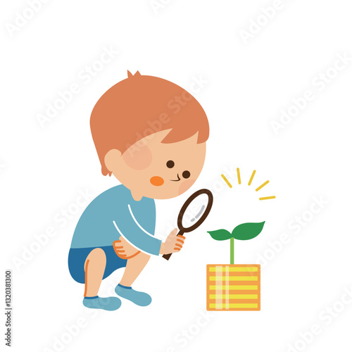 お金を育てる子供　かわいいイメージイラスト素材