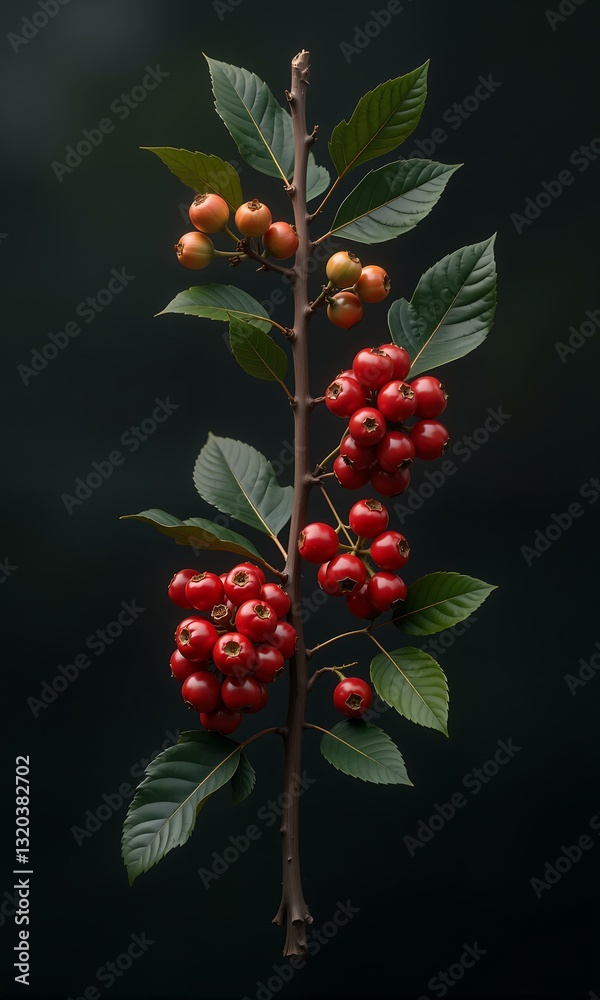 Obraz premium Red berries on bush with green leaves.