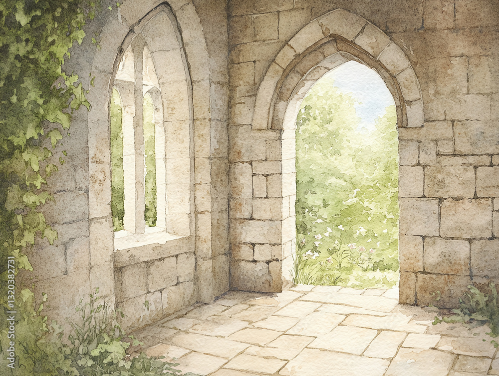 Fototapeta premium Tranquil Stone Archway Garden View