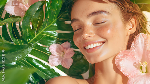 Relaxing beauty portrait tropical setting lifestyle photography natural light close-up self-care concept