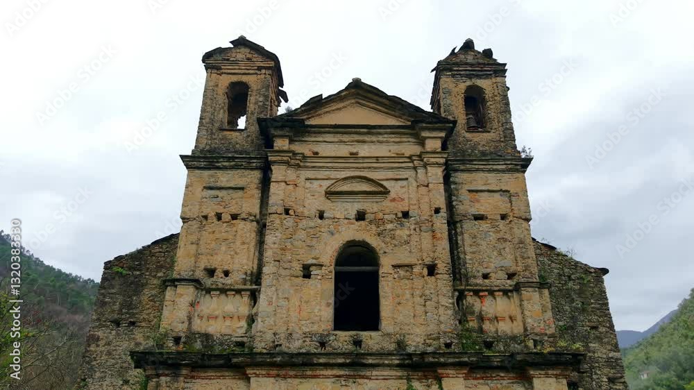 Crumbling facade of Chiesa San Michele Arcangelo, a testament to time and decay, set against a serene valley backdrop Crumbling facade of Chiesa San Michele Arcangelo, a testament to time and decay, set against a serene valley backdrop