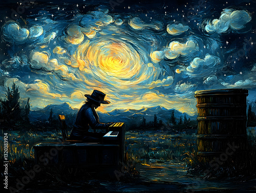 A pianist under a starry night sky