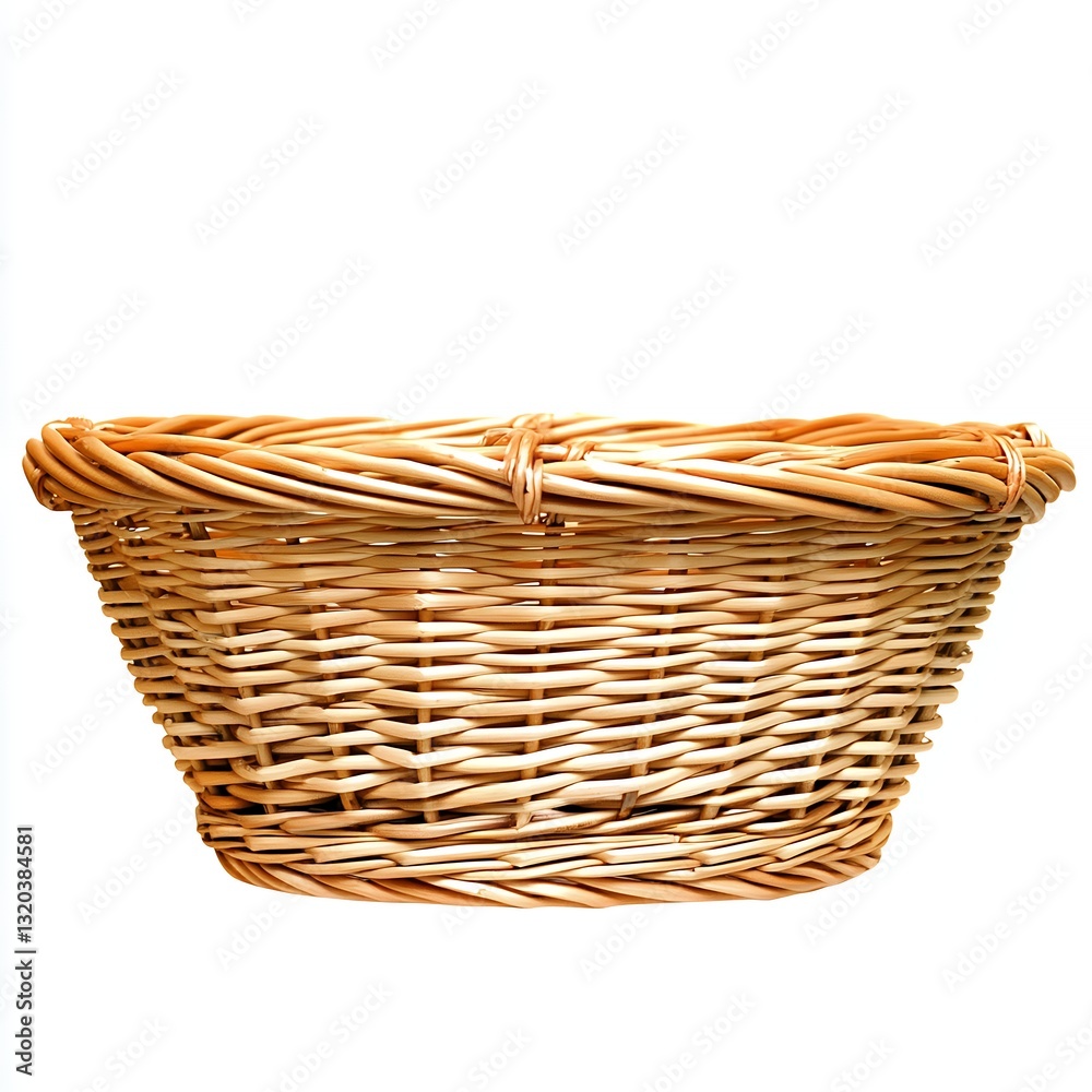 Rustic Light Brown Wicker Basket On White Background, Generative AI. Rustic Light Brown Wicker Basket On White Background, Generative AI.
