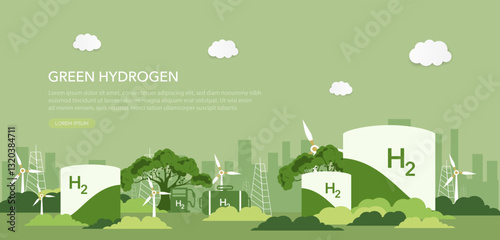 Green hydrogen energy concept, Environment, eco friendly industry and alternative energy. Reducing greenhouse gas emissions. Green vector illustration.