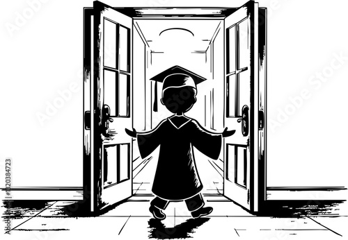 Graduation celebration school corridor illustration joyful ambiance back view future aspirations