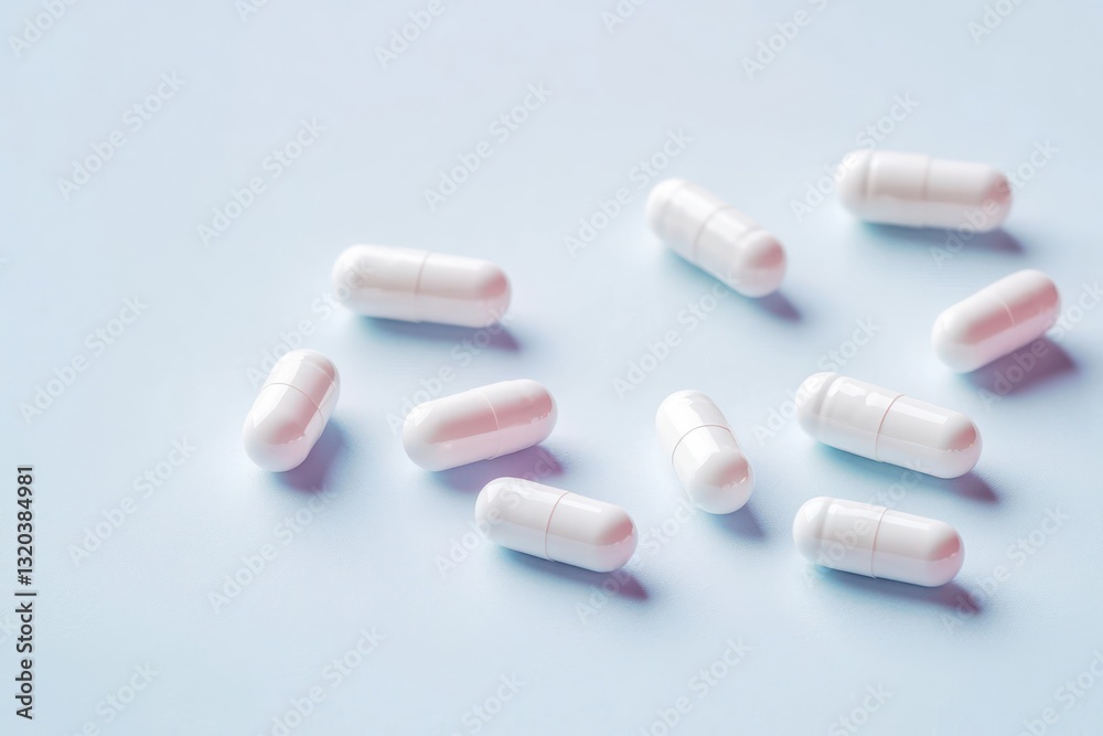 Scattered white sweeteners tablets on a pastel blue background Scattered white sweeteners tablets on a pastel blue background