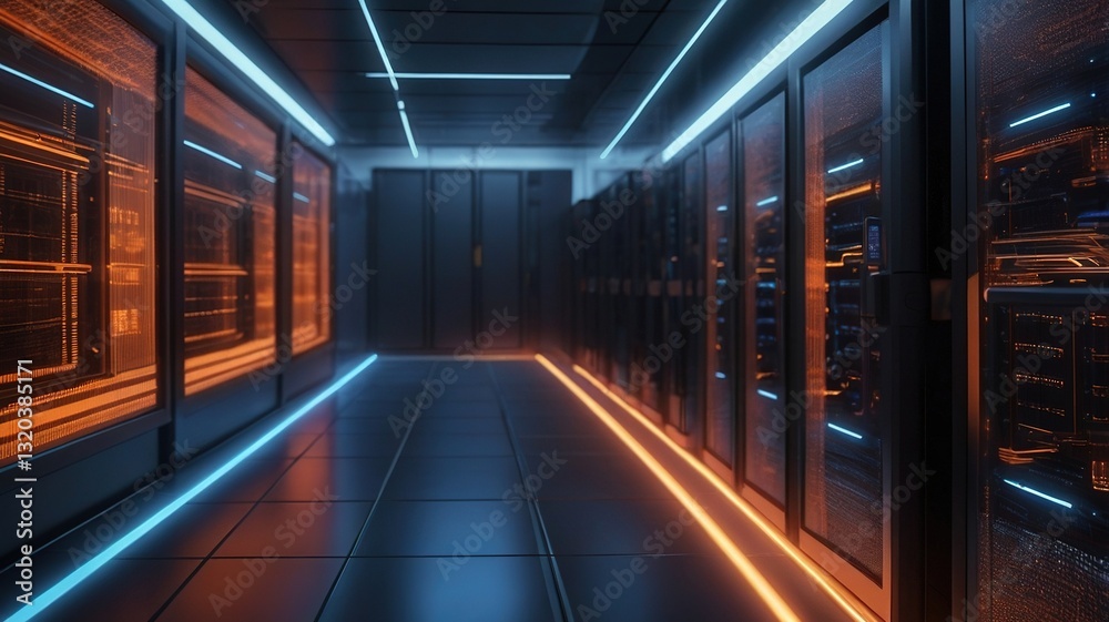 Fototapeta premium A Futuristic Server Room Glows With Vibrant Orange And Blue Neon Lights Illuminating Rows Of High-tech Data Storage Units In A Sleek, Modern Design
