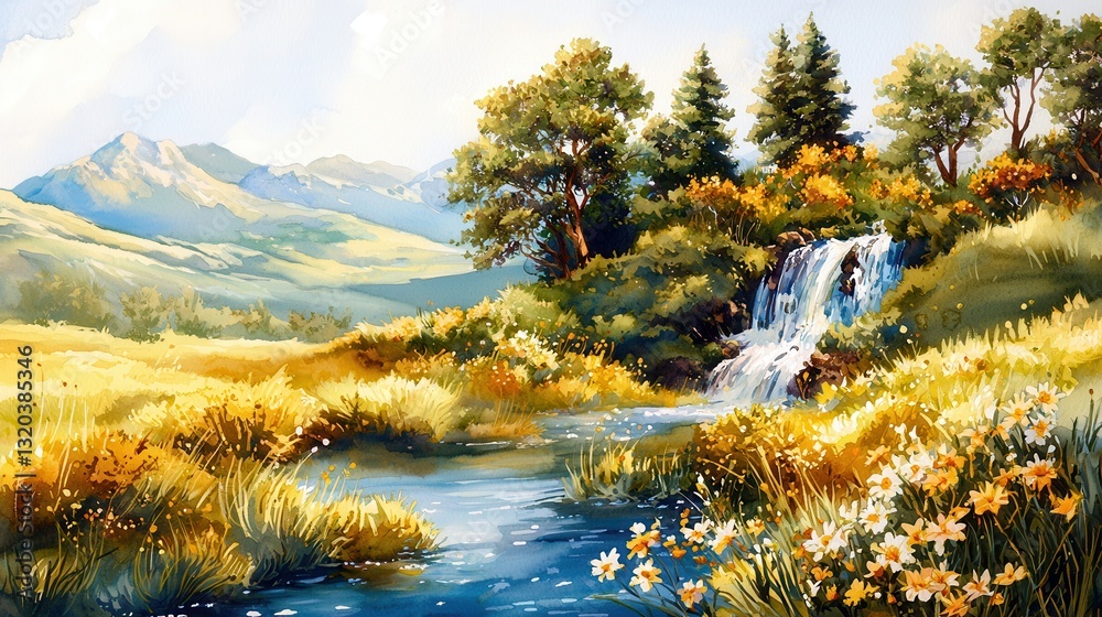 Obraz premium Serene Cascading Waterfall in a Lush Green Field Surrounded by Mountains and Trees