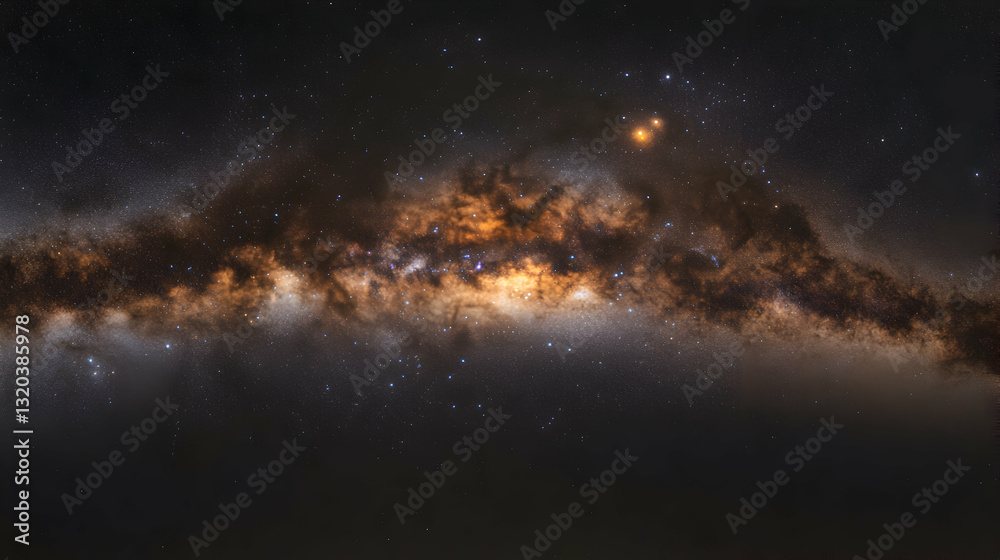 Fototapeta premium Majestic Milky Way galaxy, breathtaking night sky panorama showcasing vibrant stars and cosmic dust clouds. A stunning astrological display perfect for space, astronomy, and science themes.