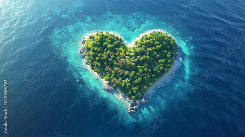 Fototapeta Naklejka Na Ścianę i Meble -  An aerial view of heart shaped tropical island in the middle of the ocean.Top view of heart shape love island with the blue ocean and white sand beach.