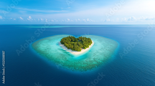An aerial view of heart shaped tropical island and small resort in the middle of the ocean.Top view of heart shape love island with the blue ocean and white sand beach.