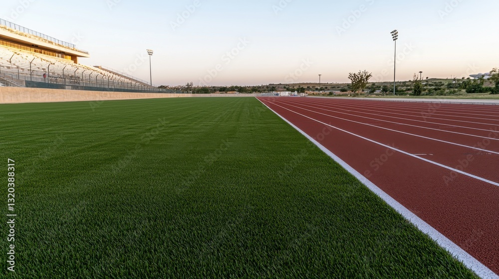 Fototapeta premium A vibrant sports field with a well-maintained running track at sunset.