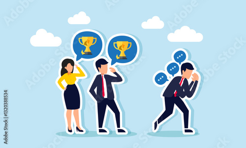 Businesspeople discuss a broken trophy, while a businessman feels frustrated by negative talk, illustration of criticism in failing to maintain a leading company