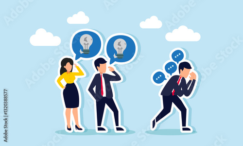Businesspeople discuss a broken lamp, while a businessman feels frustrated by negative talk, illustration of criticism in failing due to a lack of business ideas and innovation